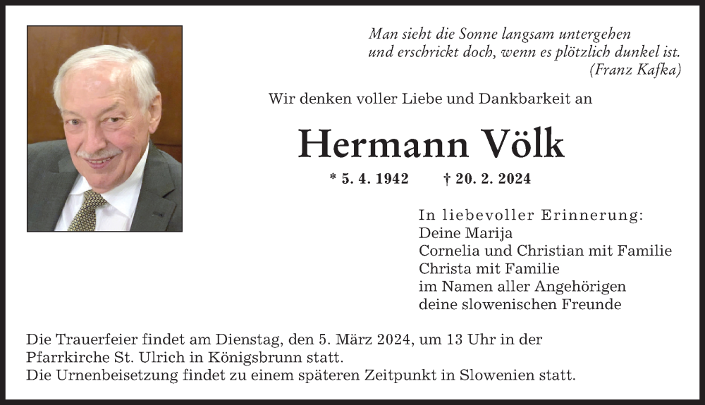 Traueranzeige von Hermann Völk von Augsburger Allgemeine