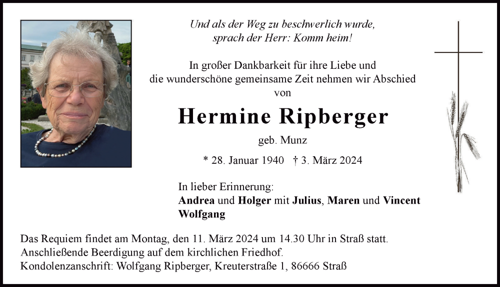 Traueranzeige von Hermine Ripberger von Neuburger Rundschau