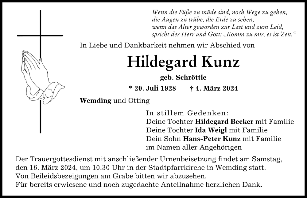 Traueranzeige von Hildegard Kunz von Donauwörther Zeitung
