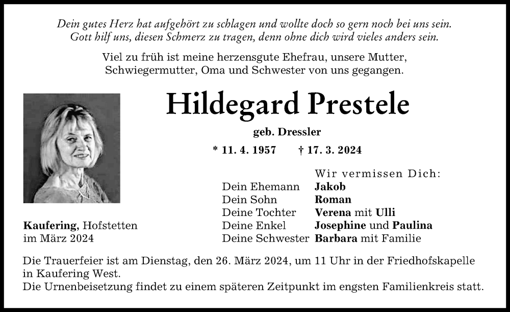  Traueranzeige für Hildegard Prestele vom 22.03.2024 aus Landsberger Tagblatt
