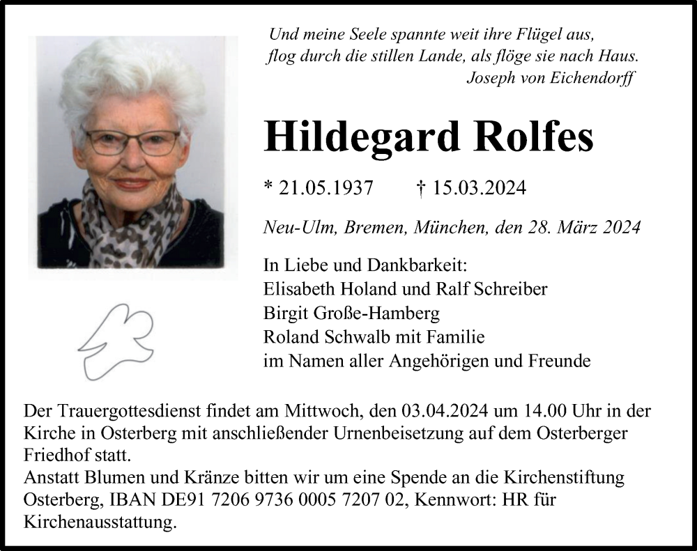  Traueranzeige für Hildegard Rolfes vom 28.03.2024 aus Illertisser Zeitung