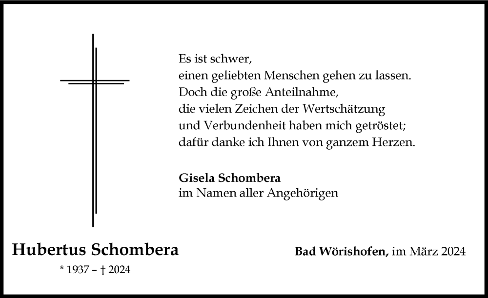 Traueranzeige von Hubertus Schombera von Mindelheimer Zeitung