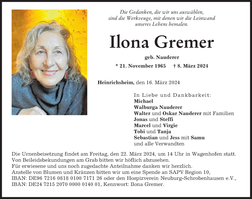  Traueranzeige für Ilona Gremer vom 16.03.2024 aus Neuburger Rundschau
