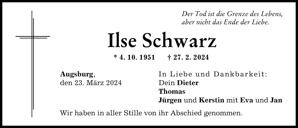 Traueranzeige von Ilse Schwarz von Augsburger Allgemeine