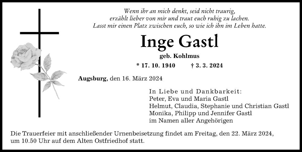 Traueranzeige von Inge Gastl von Augsburger Allgemeine