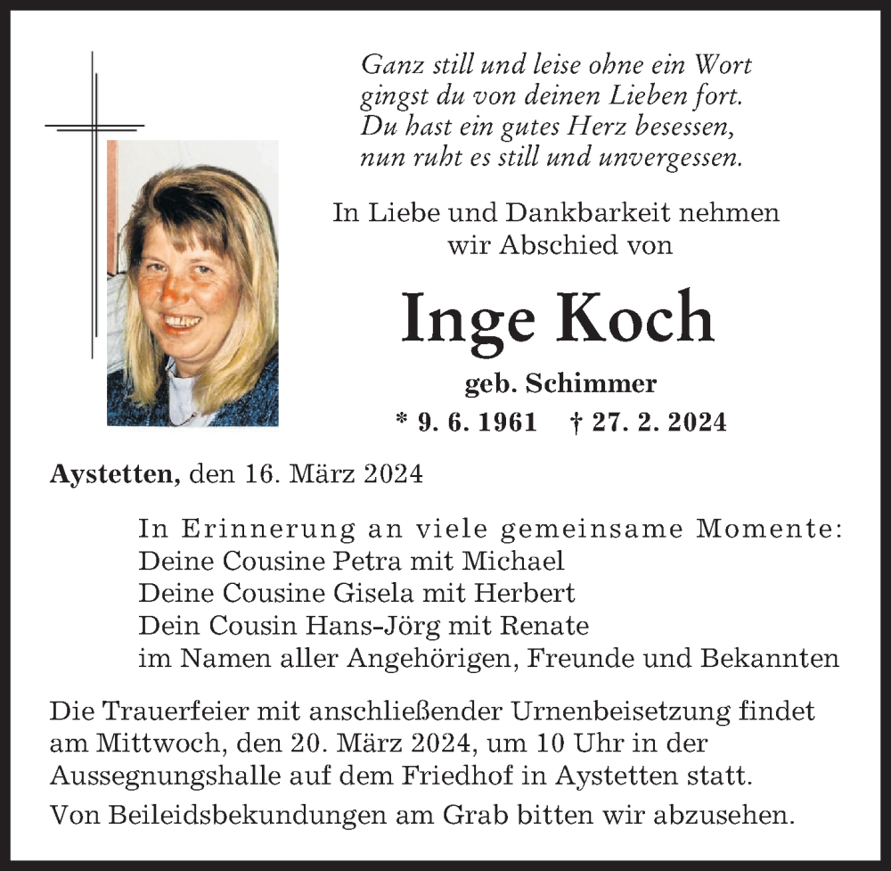 Traueranzeige von Inge Koch von Augsburger Allgemeine