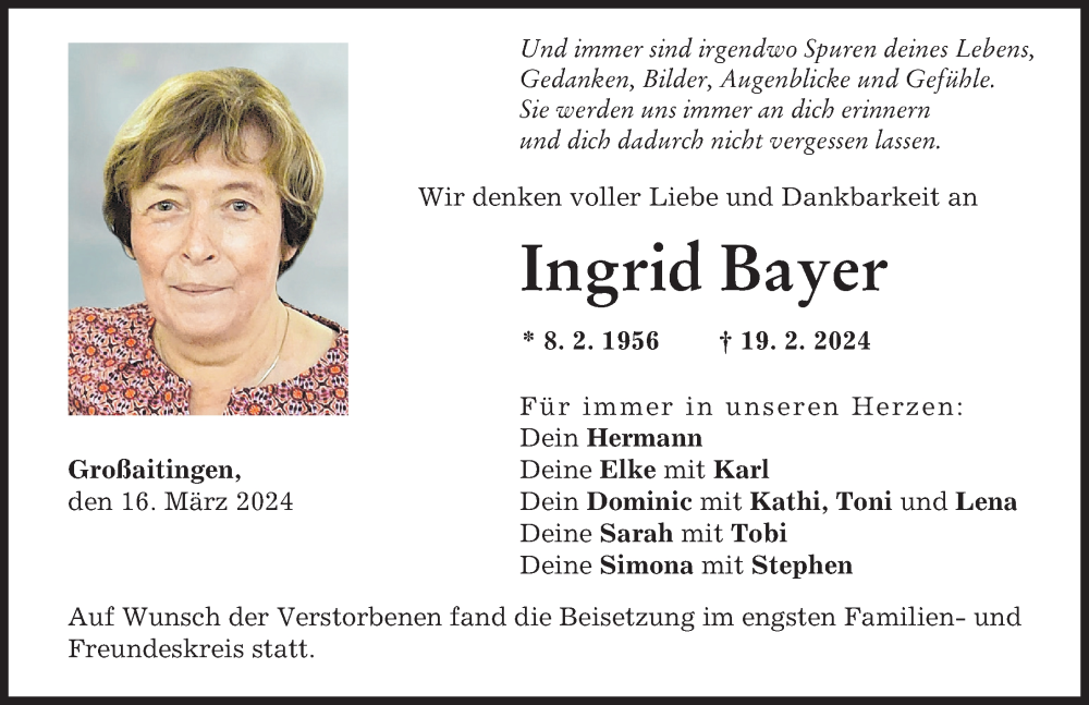 Traueranzeige von Ingrid Bayer von Schwabmünchner Allgemeine