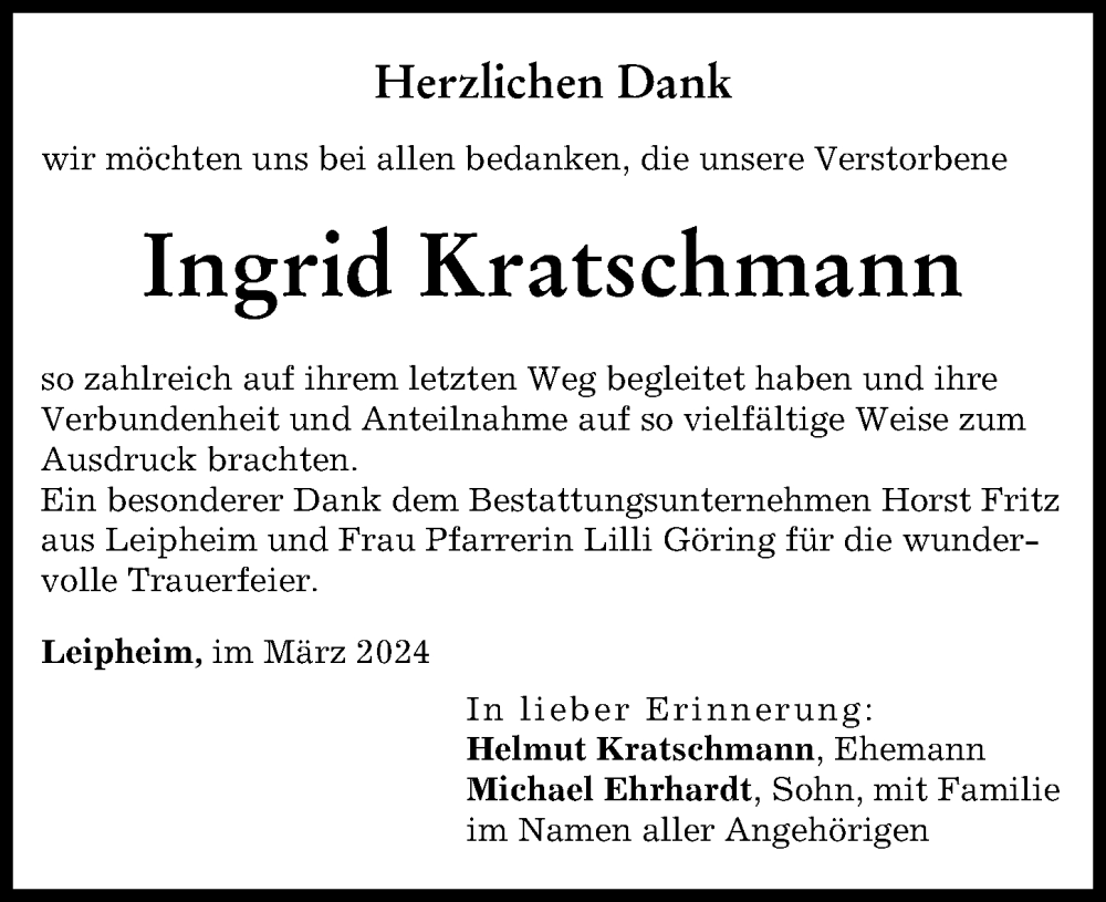 Traueranzeige von Ingrid Kratschmann von Günzburger Zeitung
