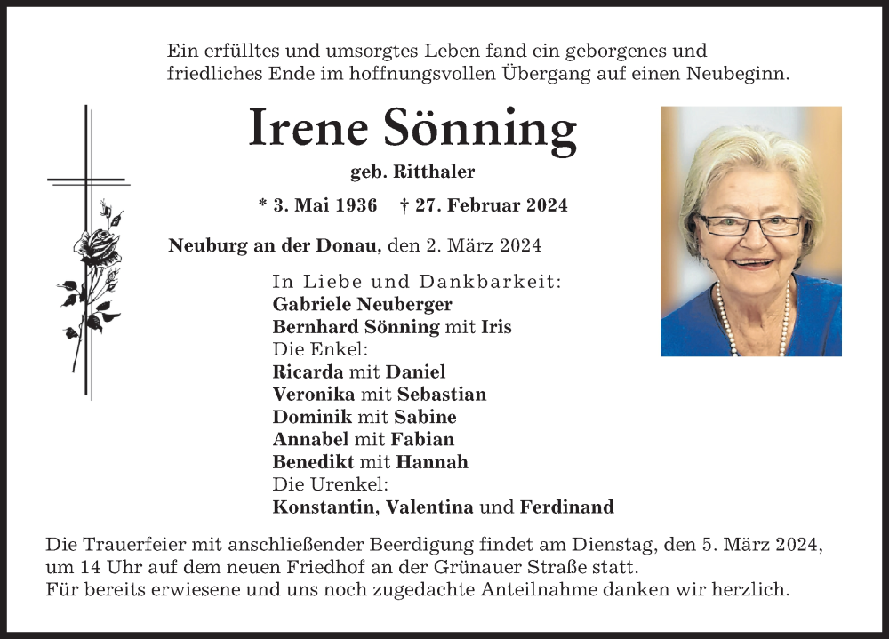 Traueranzeige von Irene Sönning von Neuburger Rundschau