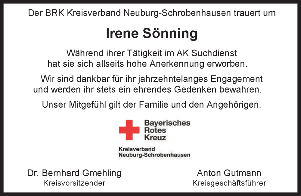 Traueranzeige von Irene Sönning von Neuburger Rundschau