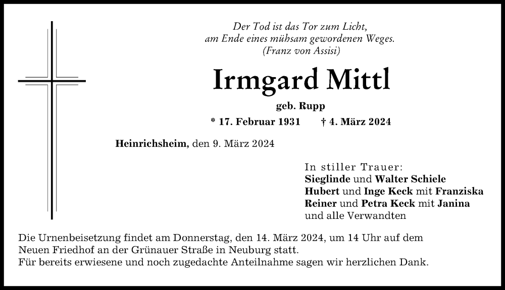 Traueranzeige von Irmgard Mittl von Neuburger Rundschau