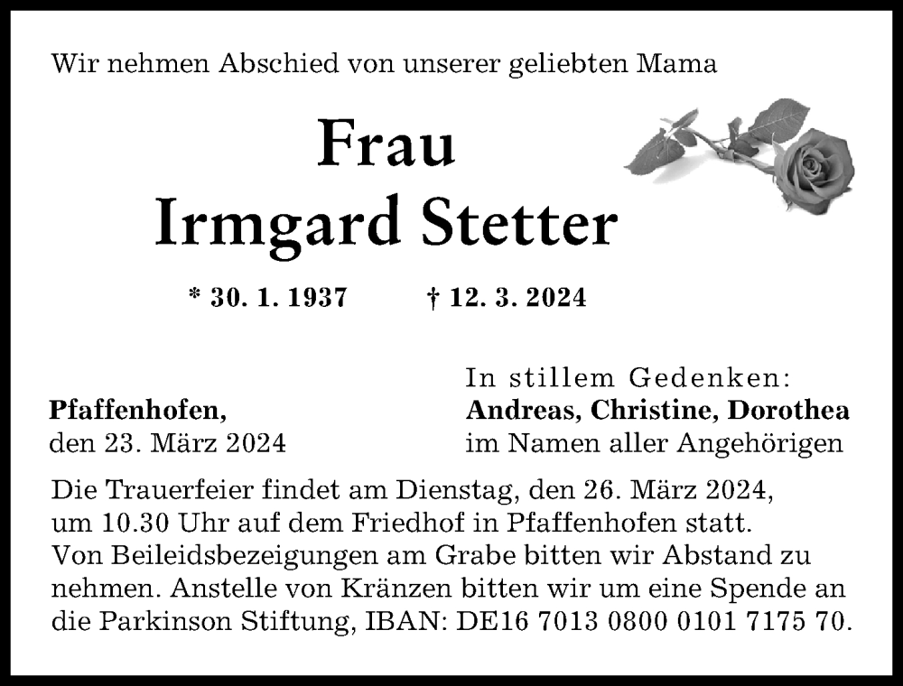  Traueranzeige für Irmgard Stetter vom 23.03.2024 aus Neu-Ulmer Zeitung