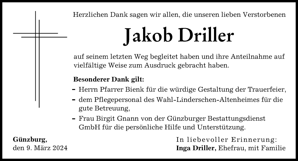 Traueranzeige von Jakob Driller von Günzburger Zeitung