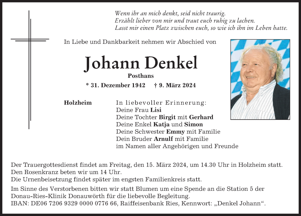  Traueranzeige für Johann Denkel vom 12.03.2024 aus Augsburg-Land, Donauwörther Zeitung
