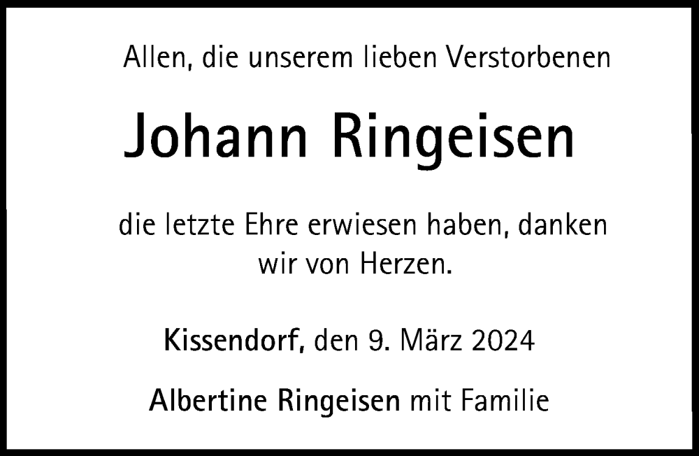 Traueranzeige von Johann Ringeisen von Günzburger Zeitung