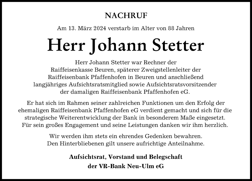 Traueranzeige von Johann Stetter von Neu-Ulmer Zeitung