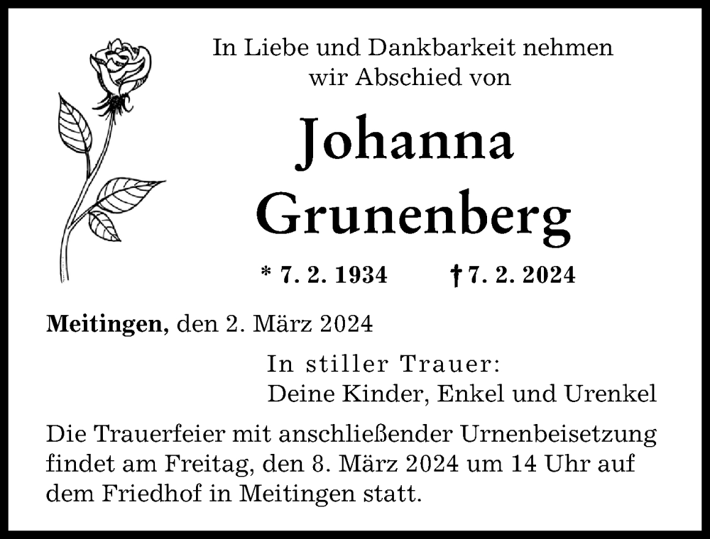 Traueranzeige von Johanna Grunenberg von Augsburg-Land