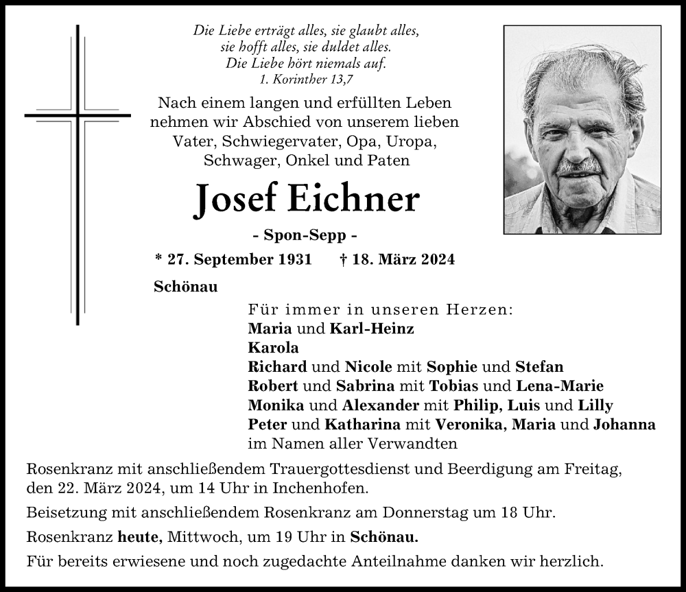 Traueranzeige von Josef Eichner von Aichacher Nachrichten