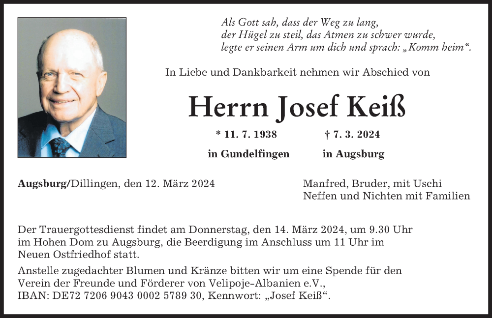 Traueranzeige von Josef Keiß von Donau Zeitung, Augsburger Allgemeine