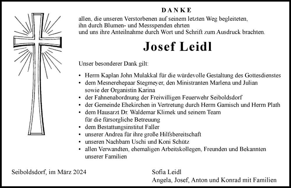 Traueranzeige von Josef Leidl von Neuburger Rundschau