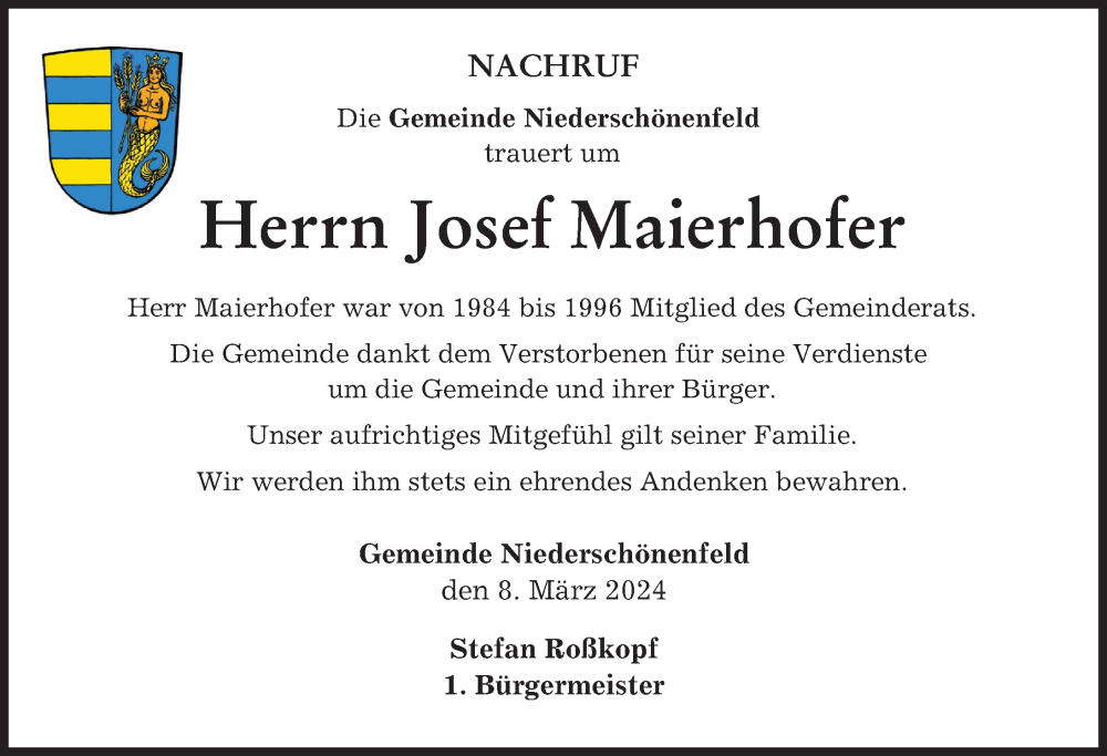 Traueranzeige von Josef Maierhofer von Donauwörther Zeitung