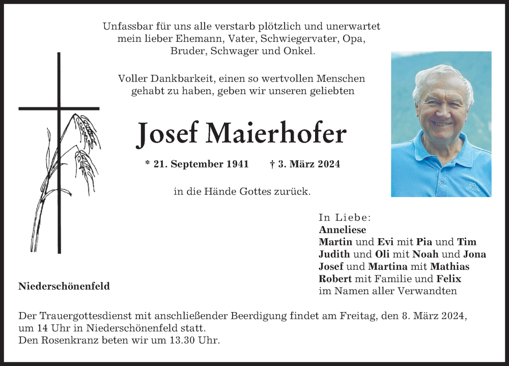 Traueranzeige von Josef Maierhofer von Neuburger Rundschau, Donauwörther Zeitung