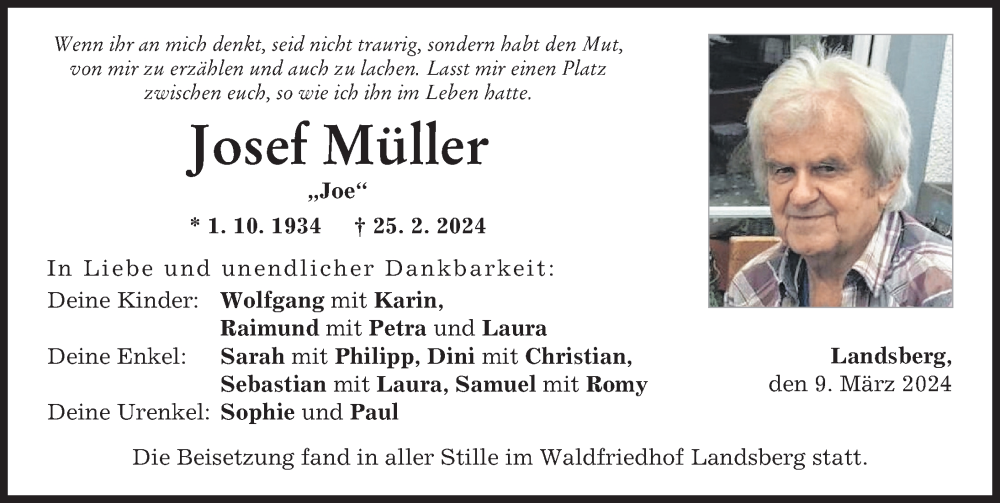 Traueranzeige von Josef Müller von Landsberger Tagblatt