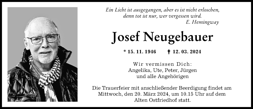 Traueranzeige von Josef Neugebauer von Augsburger Allgemeine