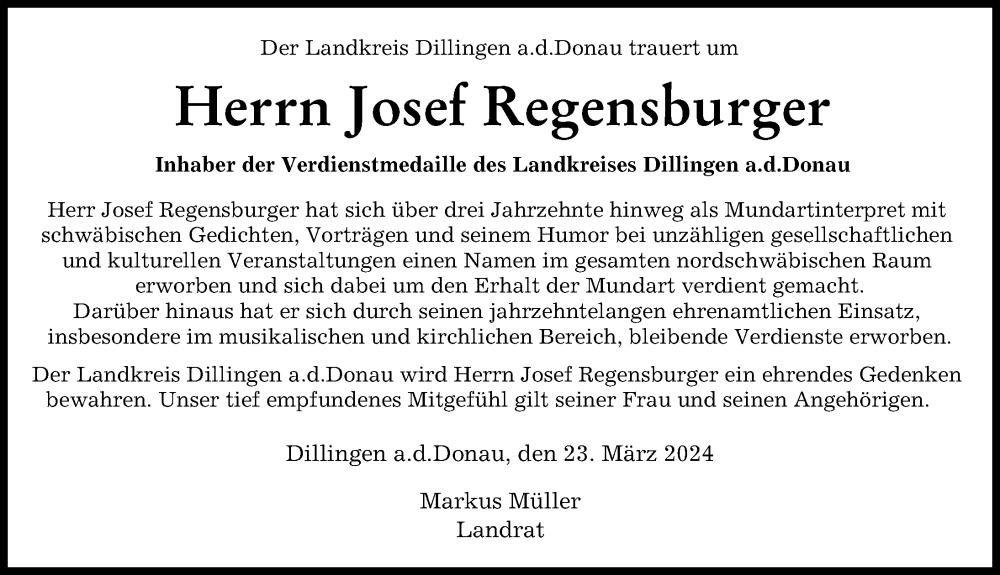 Traueranzeige von Josef Regensburger von Donau Zeitung