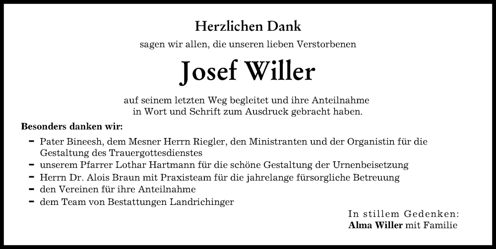 Traueranzeige von Josef Willer von Donau Zeitung