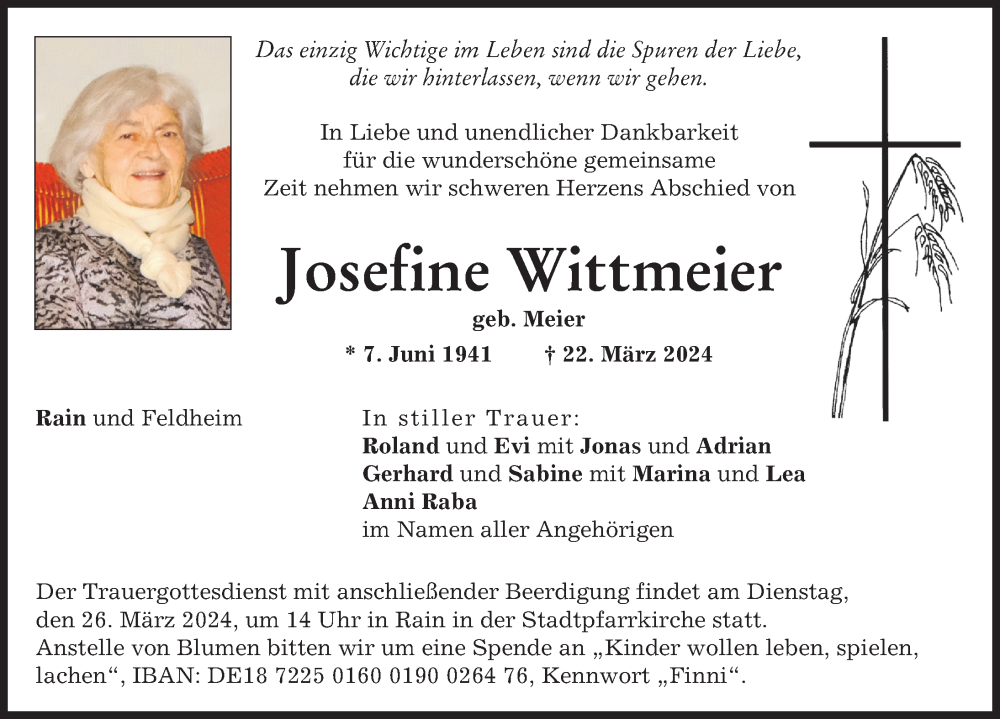 Traueranzeige von Josefine Wittmeier von Donauwörther Zeitung