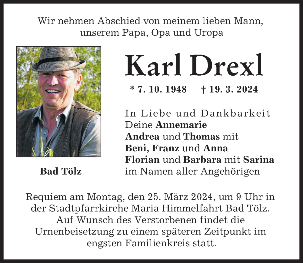 Traueranzeige von Karl Drexl von Landsberger Tagblatt