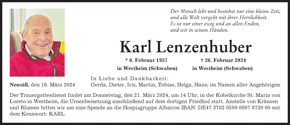 Traueranzeige von Karl Lenzenhuber von Augsburger Allgemeine