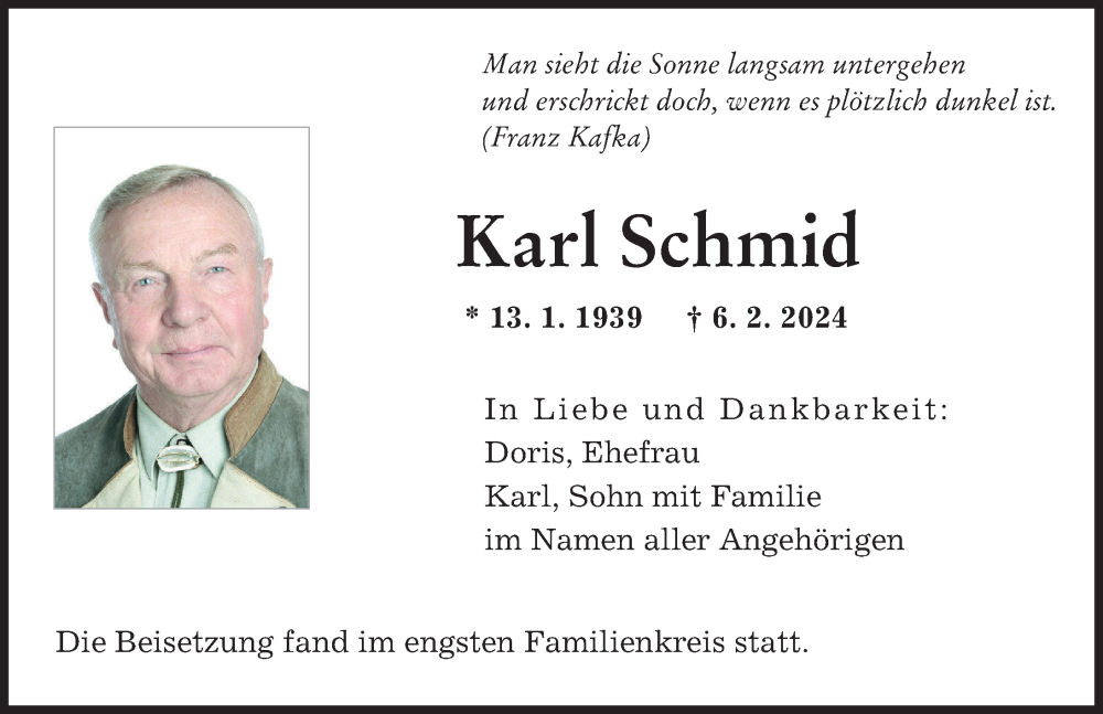 Traueranzeige von Karl Schmid von Wertinger Zeitung