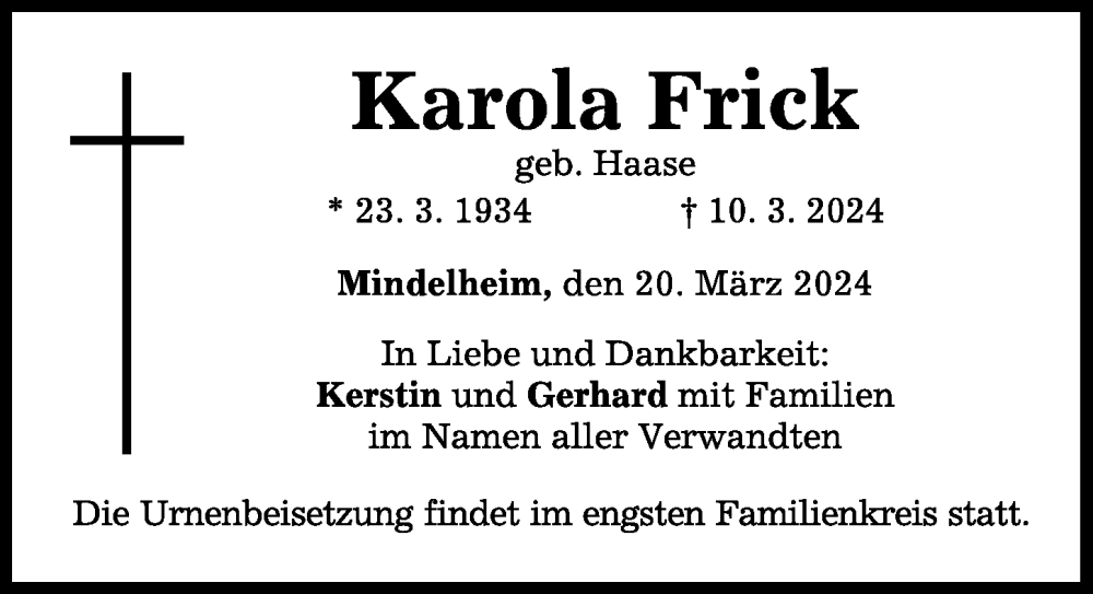 Traueranzeige von Karola Frick von Mindelheimer Zeitung