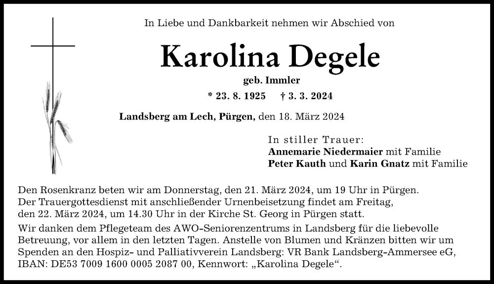 Traueranzeige von Karolina Degele von Landsberger Tagblatt