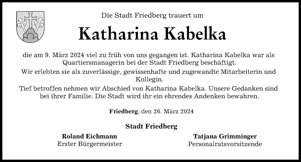 Traueranzeige von Katharina Kabelka von Friedberger Allgemeine
