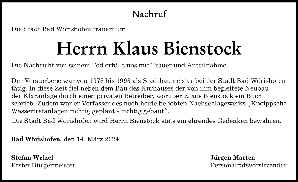 Traueranzeige von Klaus Bienstock von Mindelheimer Zeitung