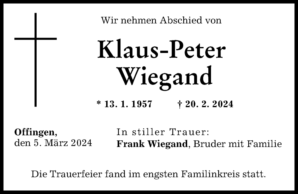 Traueranzeige von Klaus-Peter Wiegand von Günzburger Zeitung