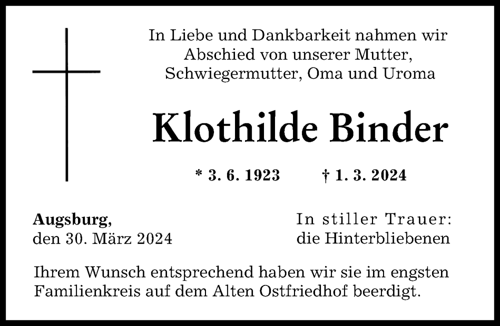 Traueranzeige von Klothilde Binder von Augsburger Allgemeine