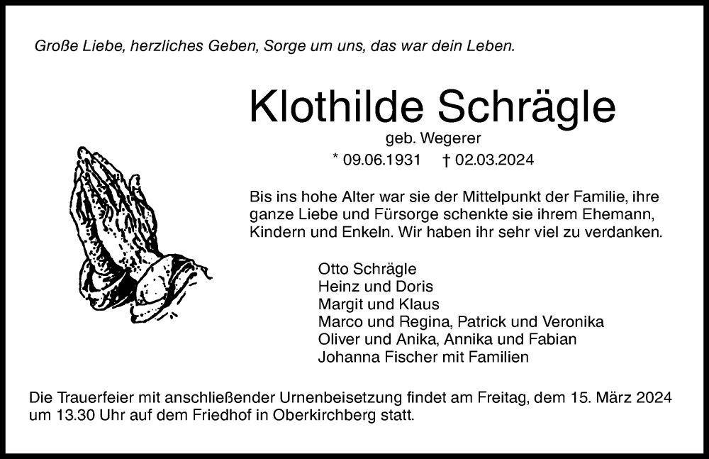 Traueranzeige von Klothilde Schrägle von Augsburger Allgemeine, Neu-Ulmer Zeitung