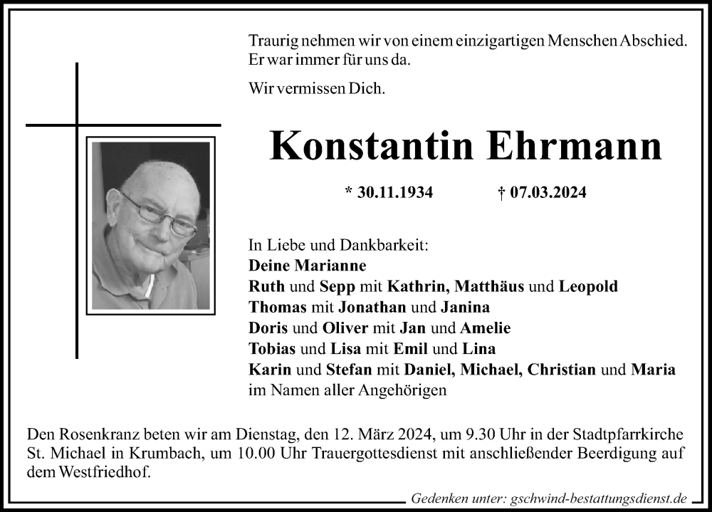  Traueranzeige für Konstantin Ehrmann vom 09.03.2024 aus Mittelschwäbische Nachrichten