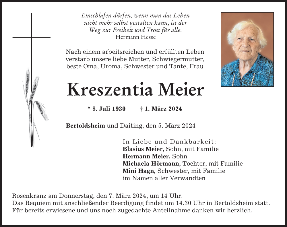 Traueranzeige von Kreszentia Meier von Neuburger Rundschau