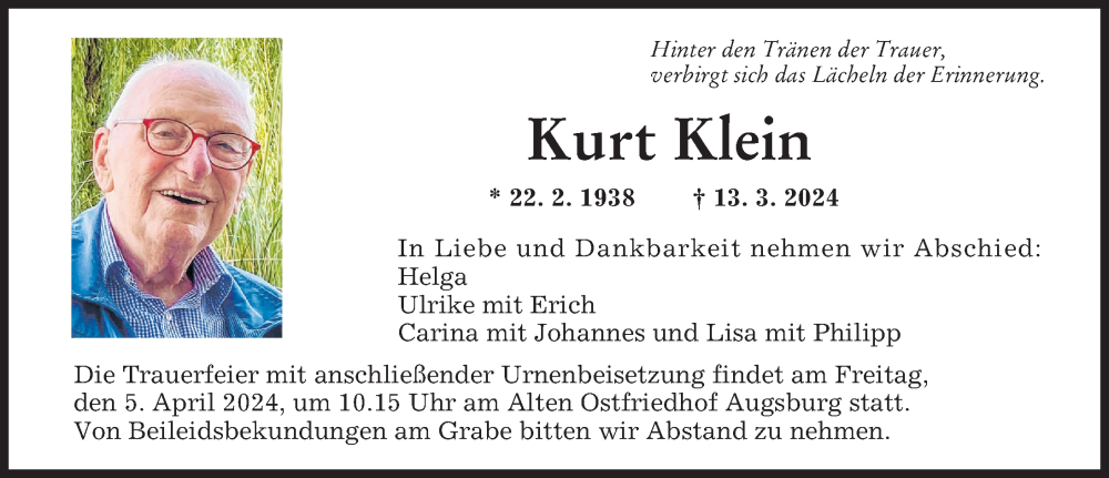 Traueranzeige von Kurt Klein von Augsburger Allgemeine