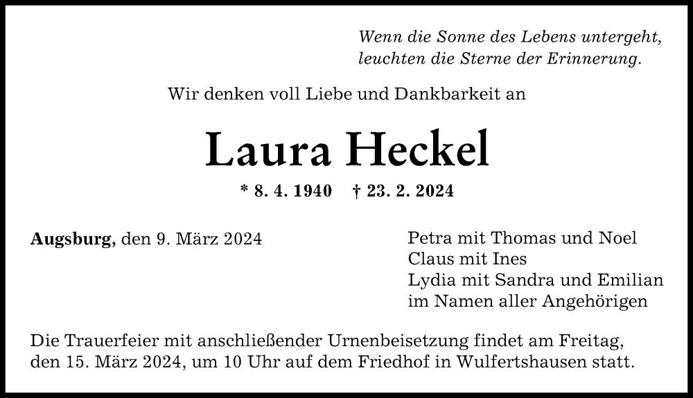 Traueranzeige von Laura Heckel von Augsburger Allgemeine