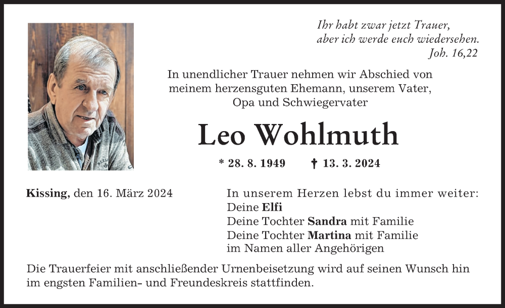  Traueranzeige für Leo Wohlmuth vom 16.03.2024 aus Friedberger Allgemeine