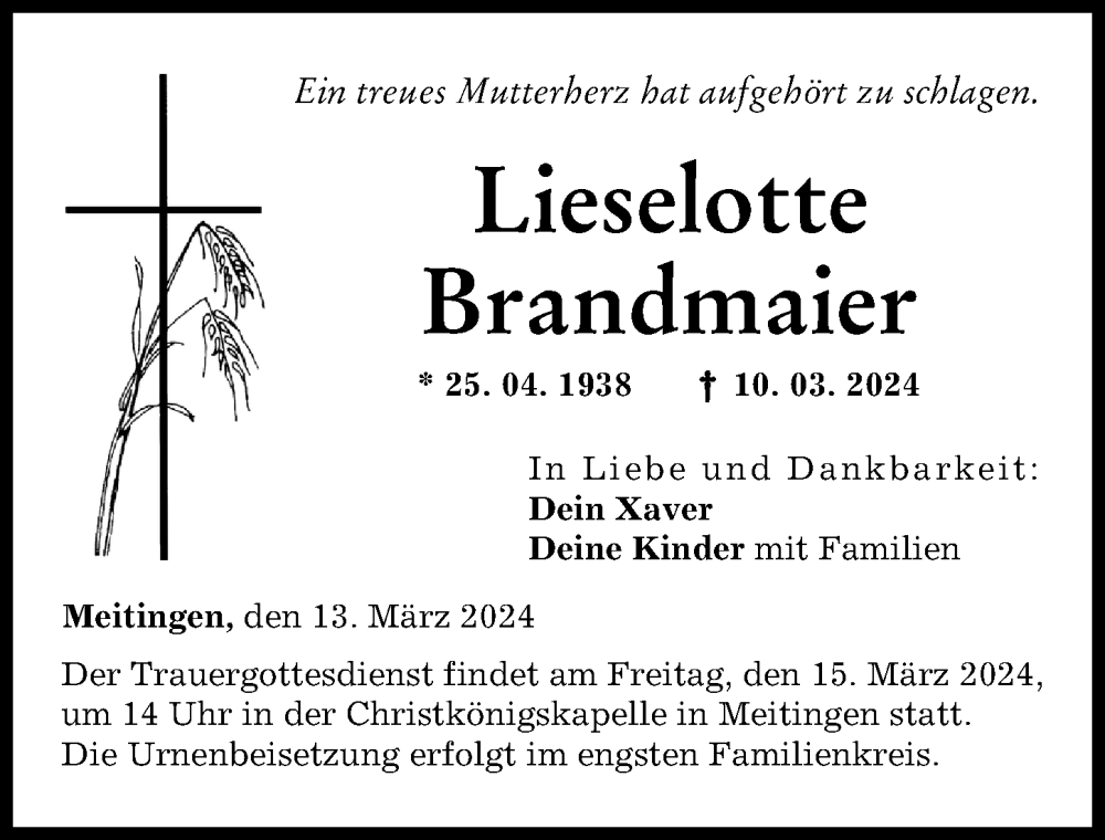 Traueranzeige von Lieselotte Brandmaier von Augsburg-Land