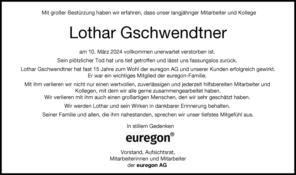  Traueranzeige für Lothar Gschwendtner vom 16.03.2024 aus Augsburger Allgemeine