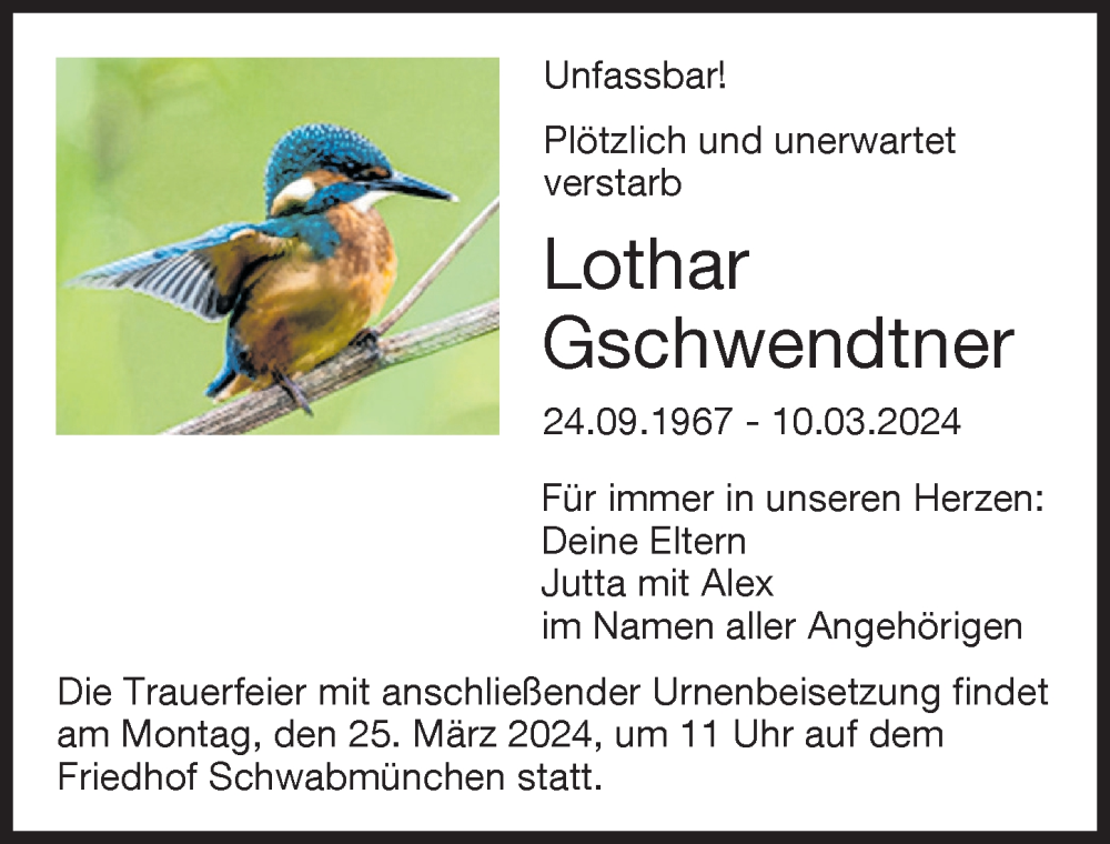  Traueranzeige für Lothar Gschwendtner vom 16.03.2024 aus Augsburger Allgemeine