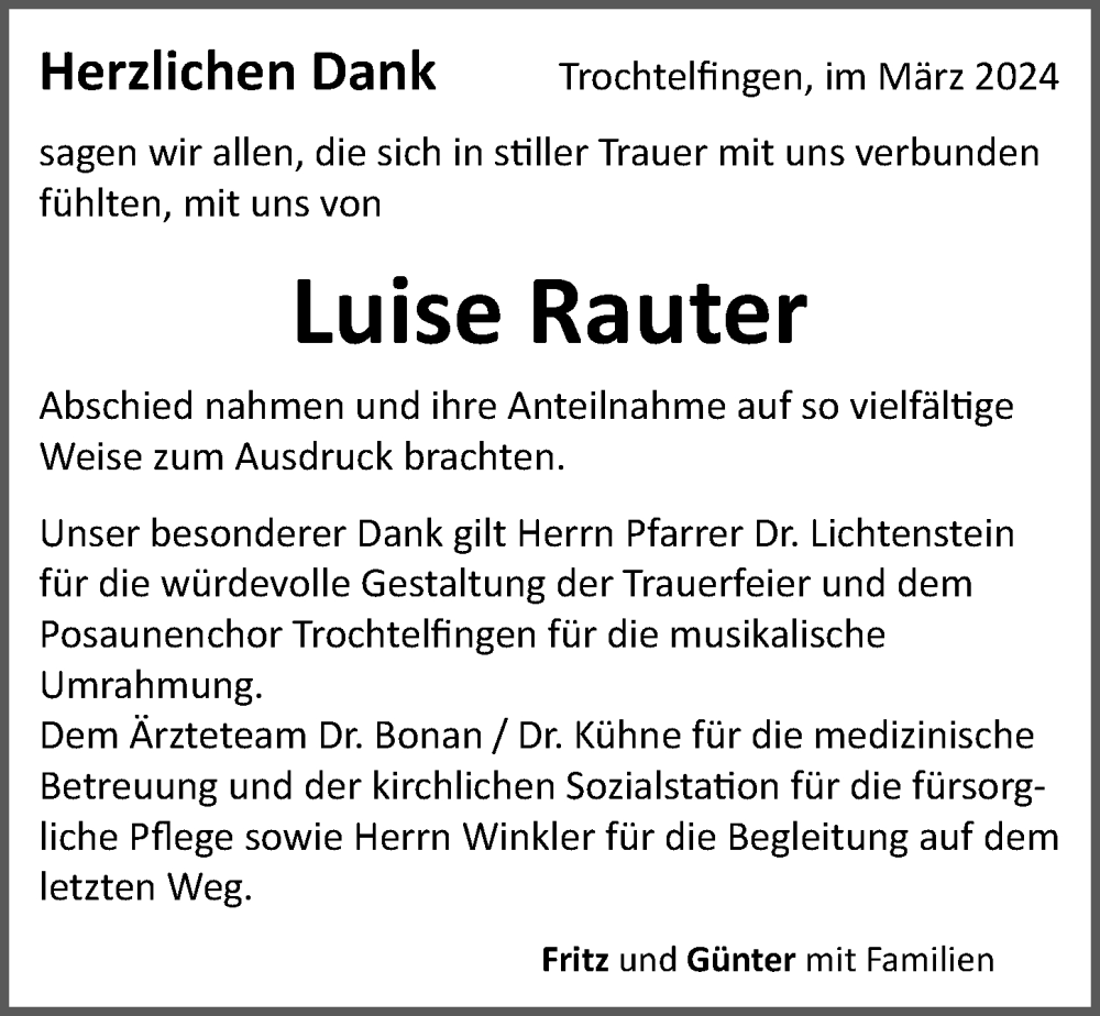 Traueranzeige von Luise Rauter von Rieser Nachrichten